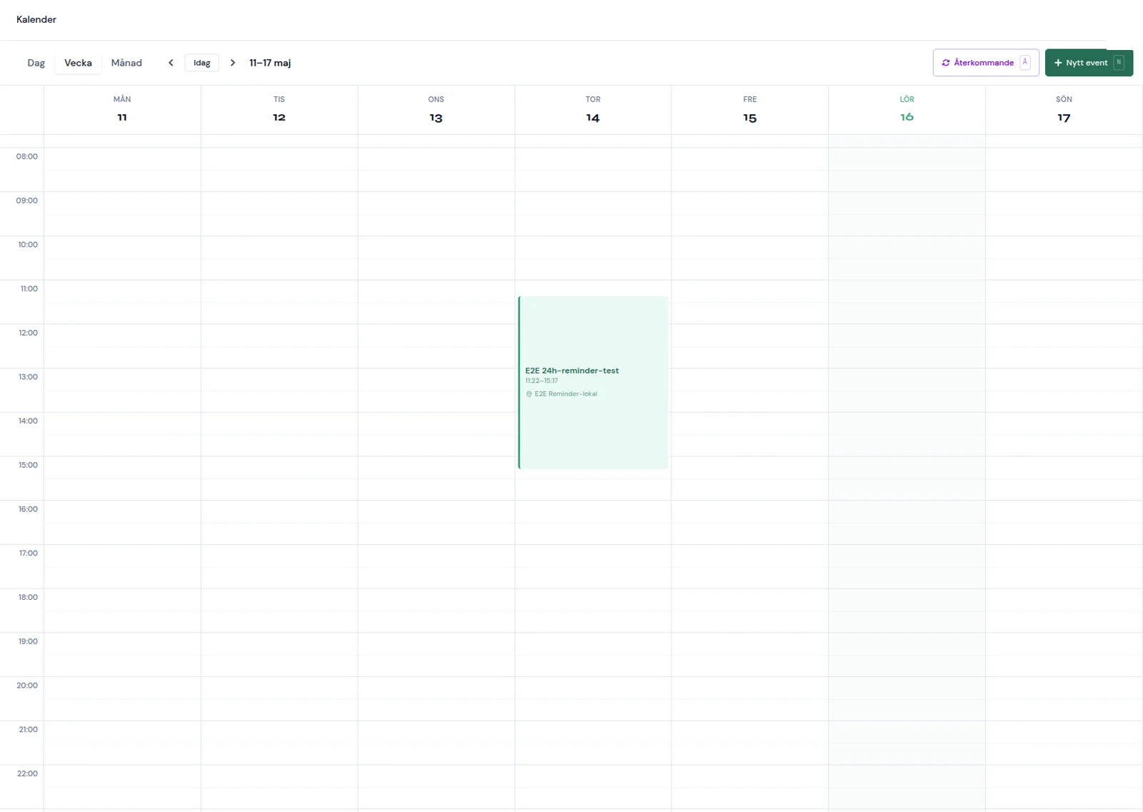 Kalender-vy: bemanning, event och 24h-påminnelser.